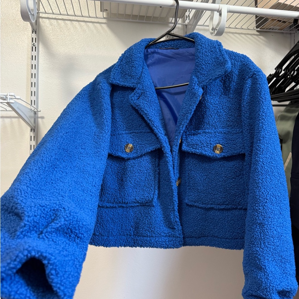 Cobalt Blue Cropped Sherpa Jacket